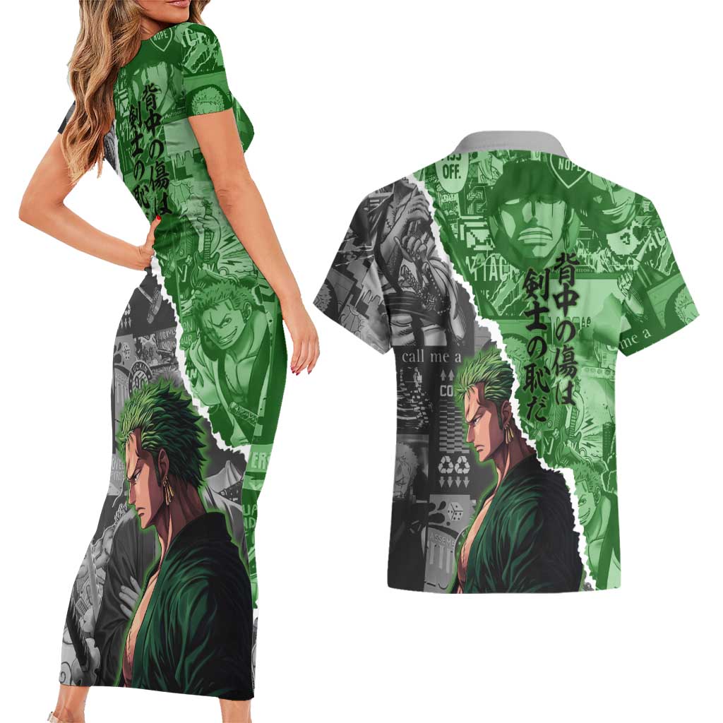 Zoro One Piece Green Theme Couples Matching Short Sleeve Bodycon Dress and Hawaiian Shirt with Manga Collage and Dual Portrait Swordmaster Design - The Mazicc