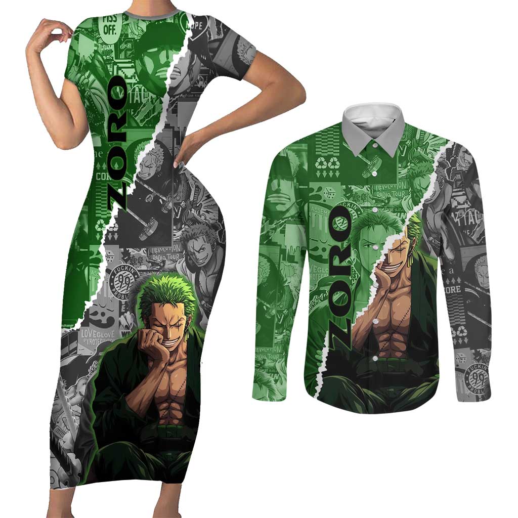 Zoro One Piece Green Theme Couples Matching Short Sleeve Bodycon Dress and Long Sleeve Button Shirt with Manga Collage and Dual Portrait Swordmaster Design - The Mazicc