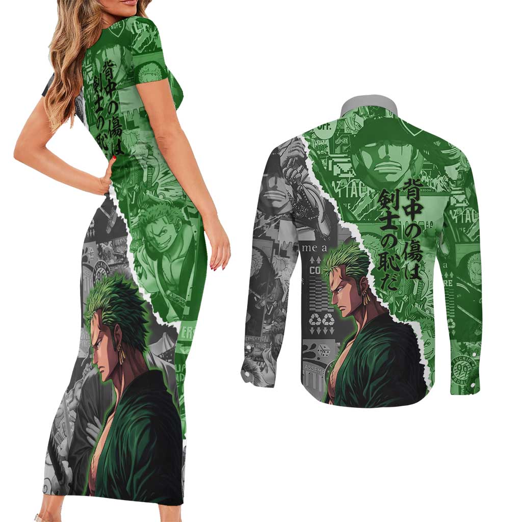 Zoro One Piece Green Theme Couples Matching Short Sleeve Bodycon Dress and Long Sleeve Button Shirt with Manga Collage and Dual Portrait Swordmaster Design - The Mazicc