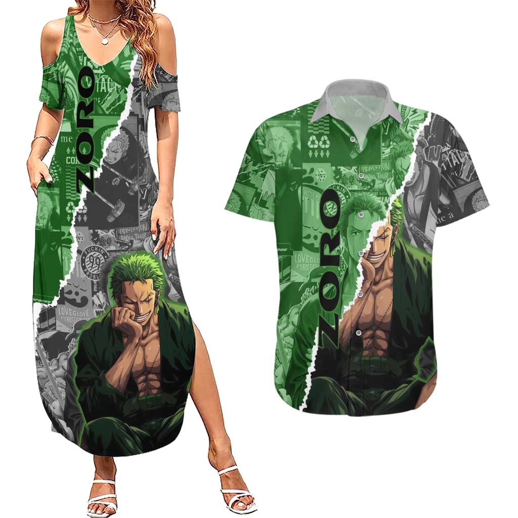 Zoro One Piece Green Theme Couples Matching Summer Maxi Dress and Hawaiian Shirt with Manga Collage and Dual Portrait Swordmaster Design - The Mazicc