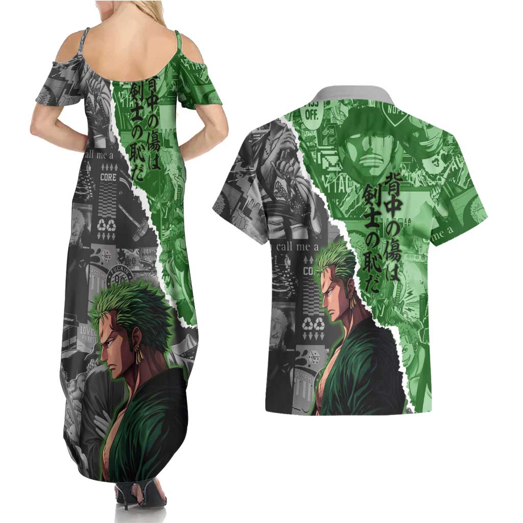 Zoro One Piece Green Theme Couples Matching Summer Maxi Dress and Hawaiian Shirt with Manga Collage and Dual Portrait Swordmaster Design - The Mazicc