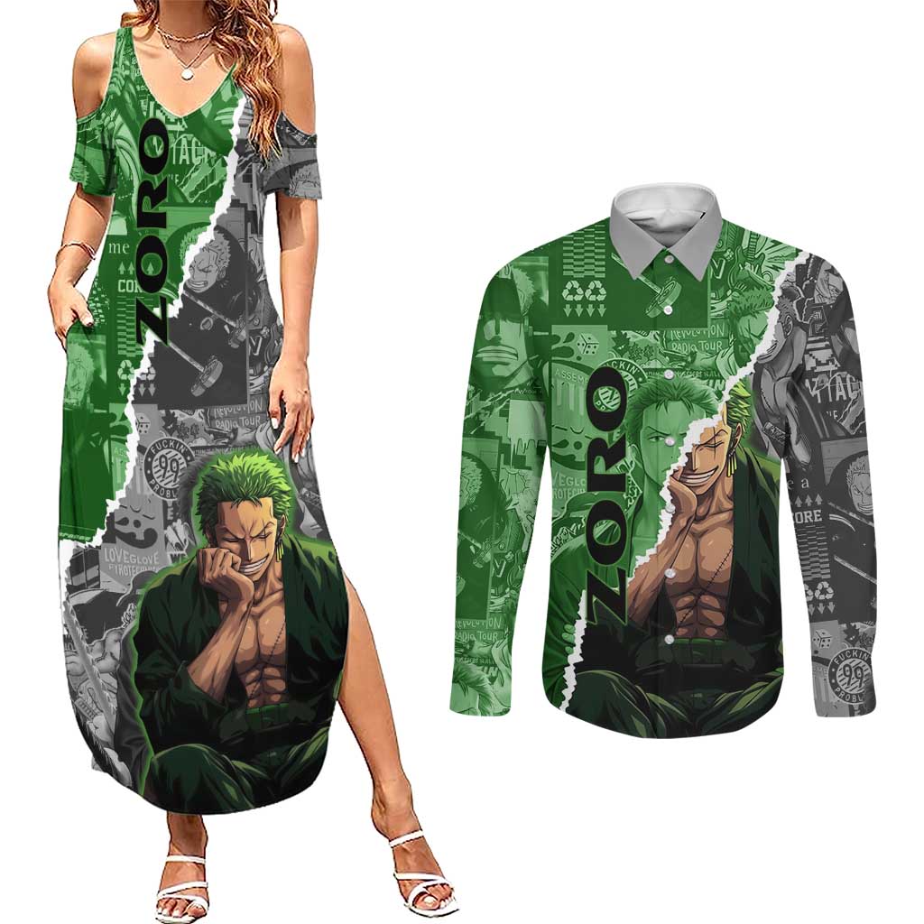 Zoro One Piece Green Theme Couples Matching Summer Maxi Dress and Long Sleeve Button Shirt with Manga Collage and Dual Portrait Swordmaster Design - The Mazicc