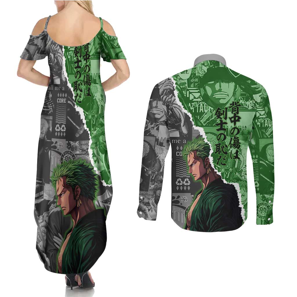Zoro One Piece Green Theme Couples Matching Summer Maxi Dress and Long Sleeve Button Shirt with Manga Collage and Dual Portrait Swordmaster Design - The Mazicc