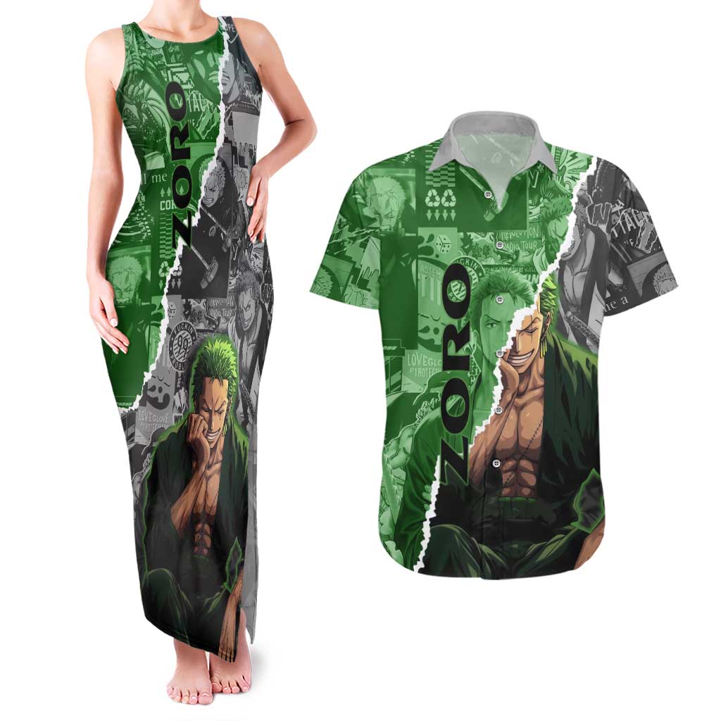 Zoro One Piece Green Theme Couples Matching Tank Maxi Dress and Hawaiian Shirt with Manga Collage and Dual Portrait Swordmaster Design - The Mazicc