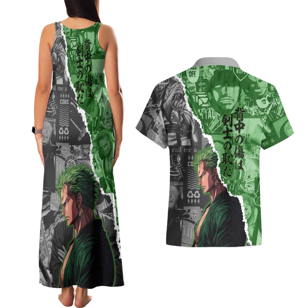 Zoro One Piece Green Theme Couples Matching Tank Maxi Dress and Hawaiian Shirt with Manga Collage and Dual Portrait Swordmaster Design - The Mazicc