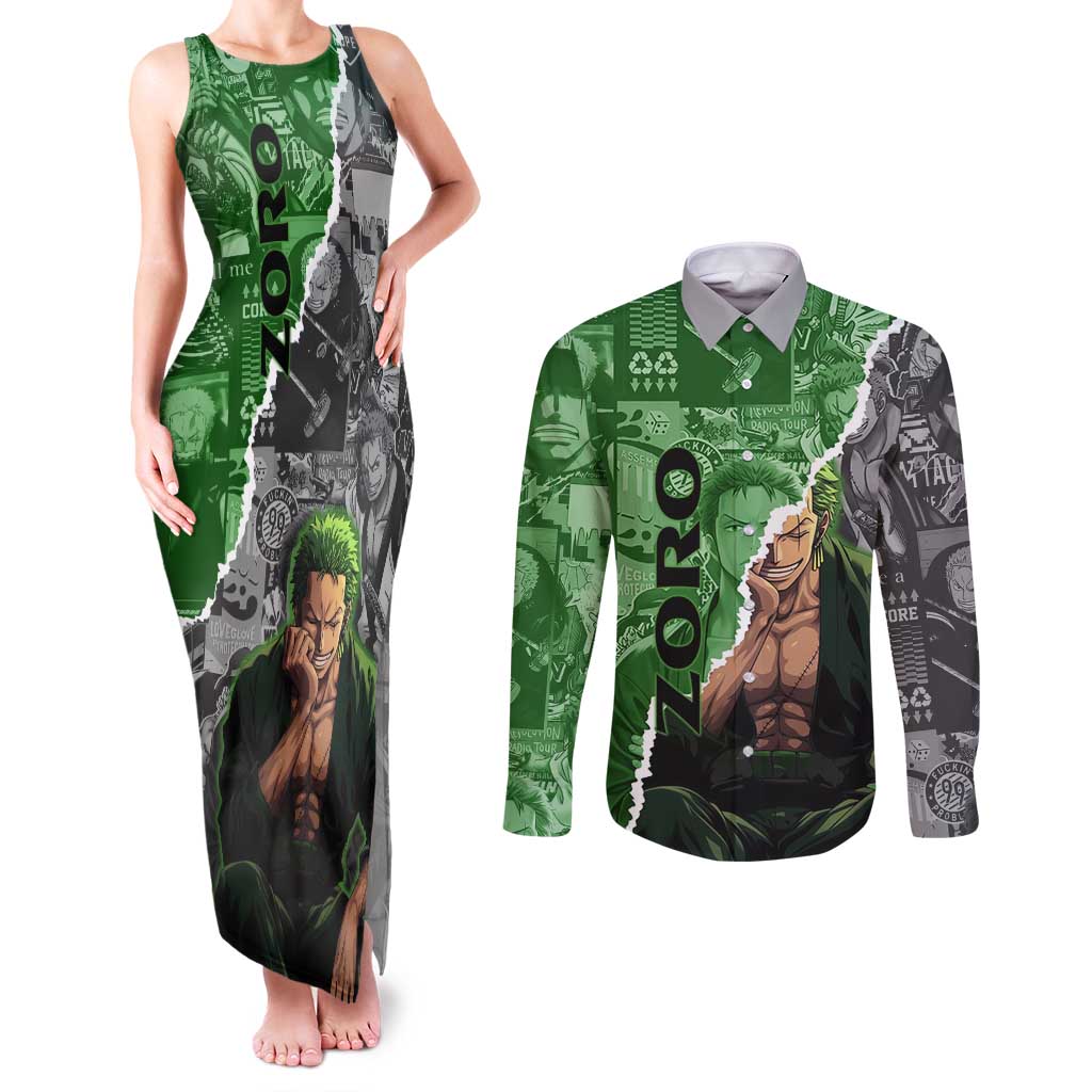 Zoro One Piece Green Theme Couples Matching Tank Maxi Dress and Long Sleeve Button Shirt with Manga Collage and Dual Portrait Swordmaster Design - The Mazicc
