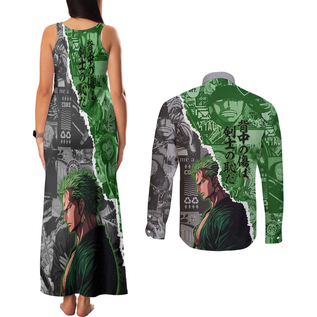 Zoro One Piece Green Theme Couples Matching Tank Maxi Dress and Long Sleeve Button Shirt with Manga Collage and Dual Portrait Swordmaster Design - The Mazicc