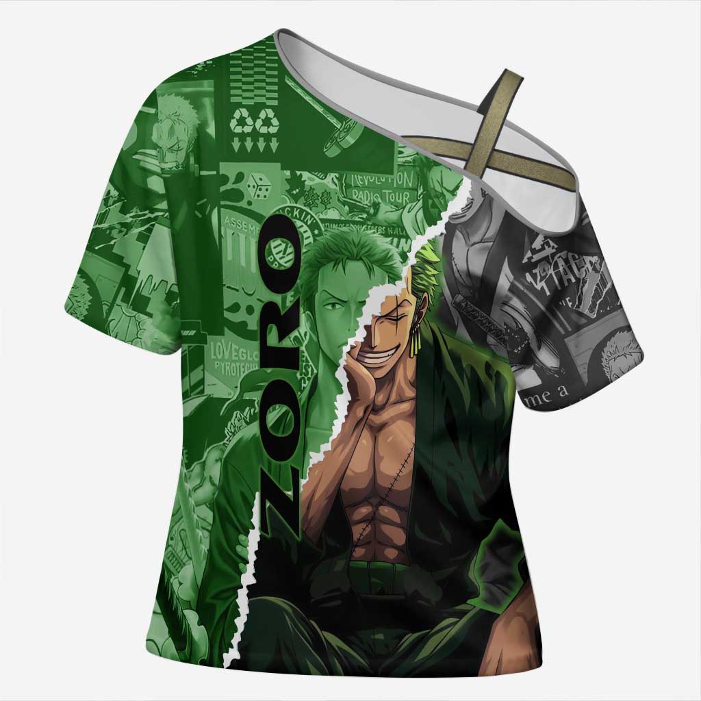 Zoro One Piece Green Theme Cross Shoulder Shirt with Manga Collage and Dual Portrait Swordmaster Design - The Mazicc