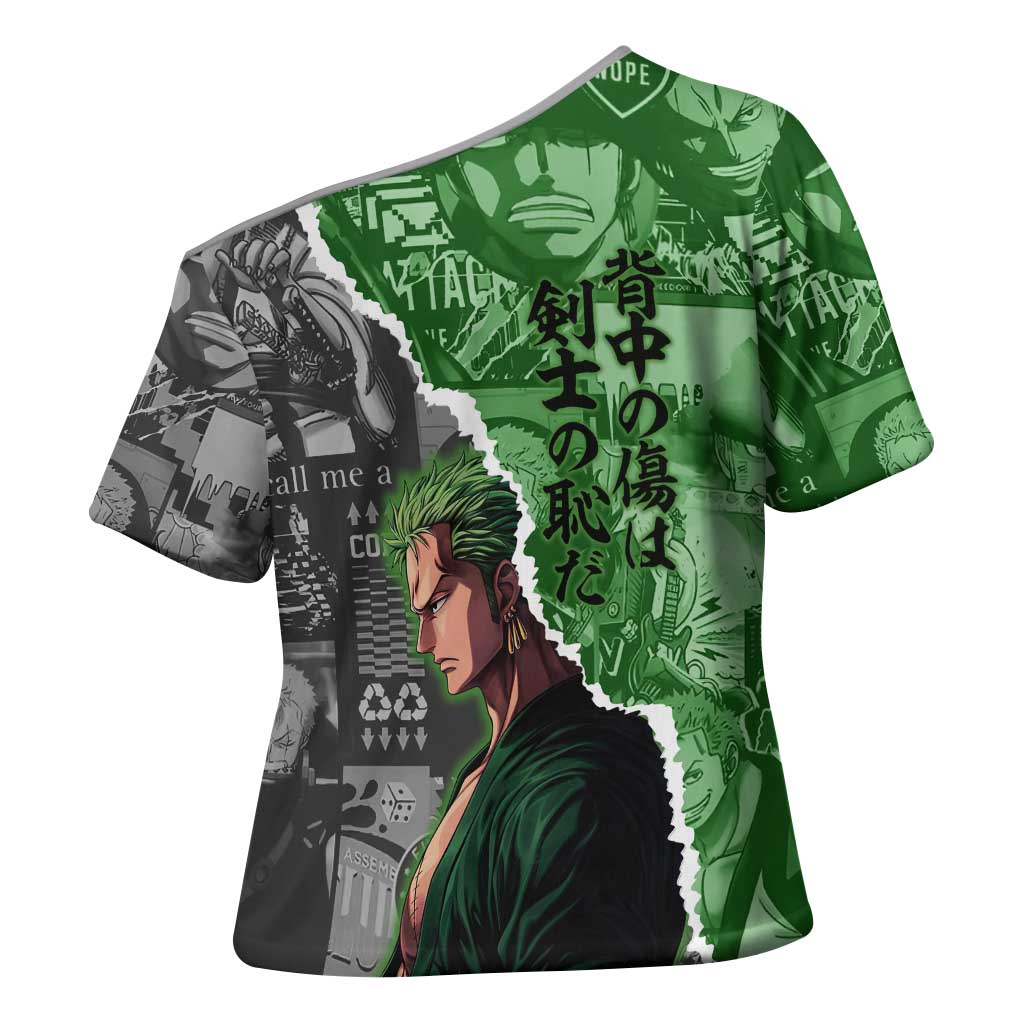 Zoro One Piece Green Theme Cross Shoulder Shirt with Manga Collage and Dual Portrait Swordmaster Design - The Mazicc