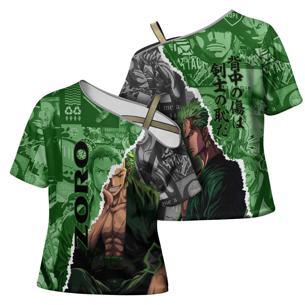 Zoro One Piece Green Theme Cross Shoulder Shirt with Manga Collage and Dual Portrait Swordmaster Design - The Mazicc