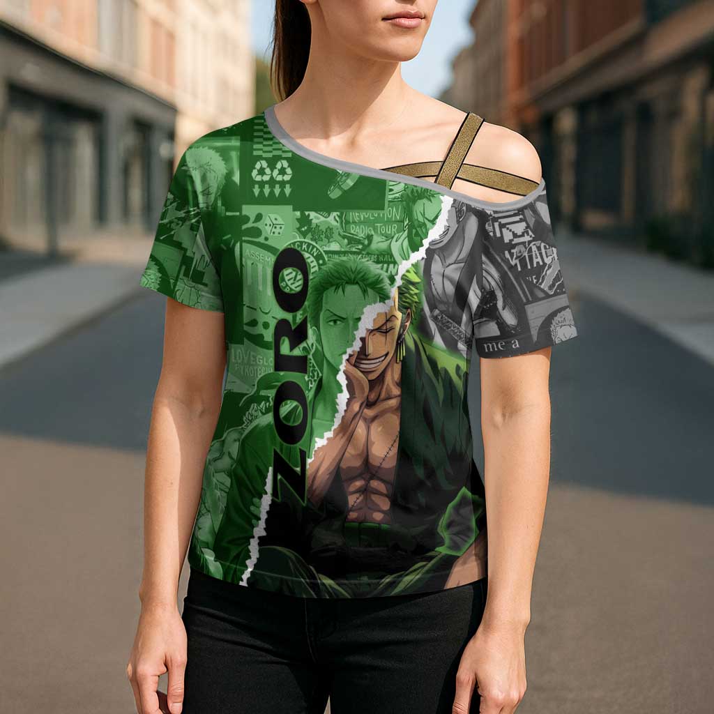 Zoro One Piece Green Theme Cross Shoulder Shirt with Manga Collage and Dual Portrait Swordmaster Design - The Mazicc