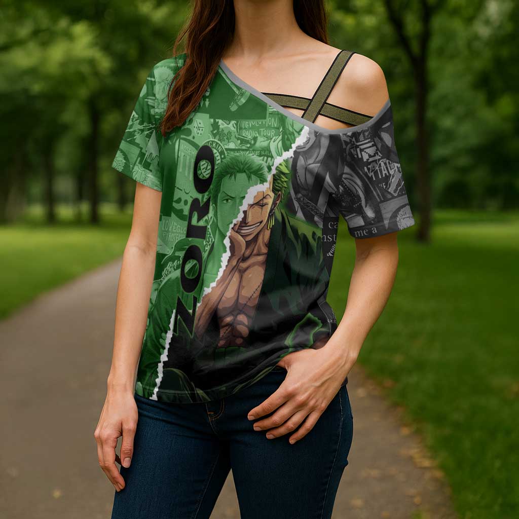 Zoro One Piece Green Theme Cross Shoulder Shirt with Manga Collage and Dual Portrait Swordmaster Design - The Mazicc
