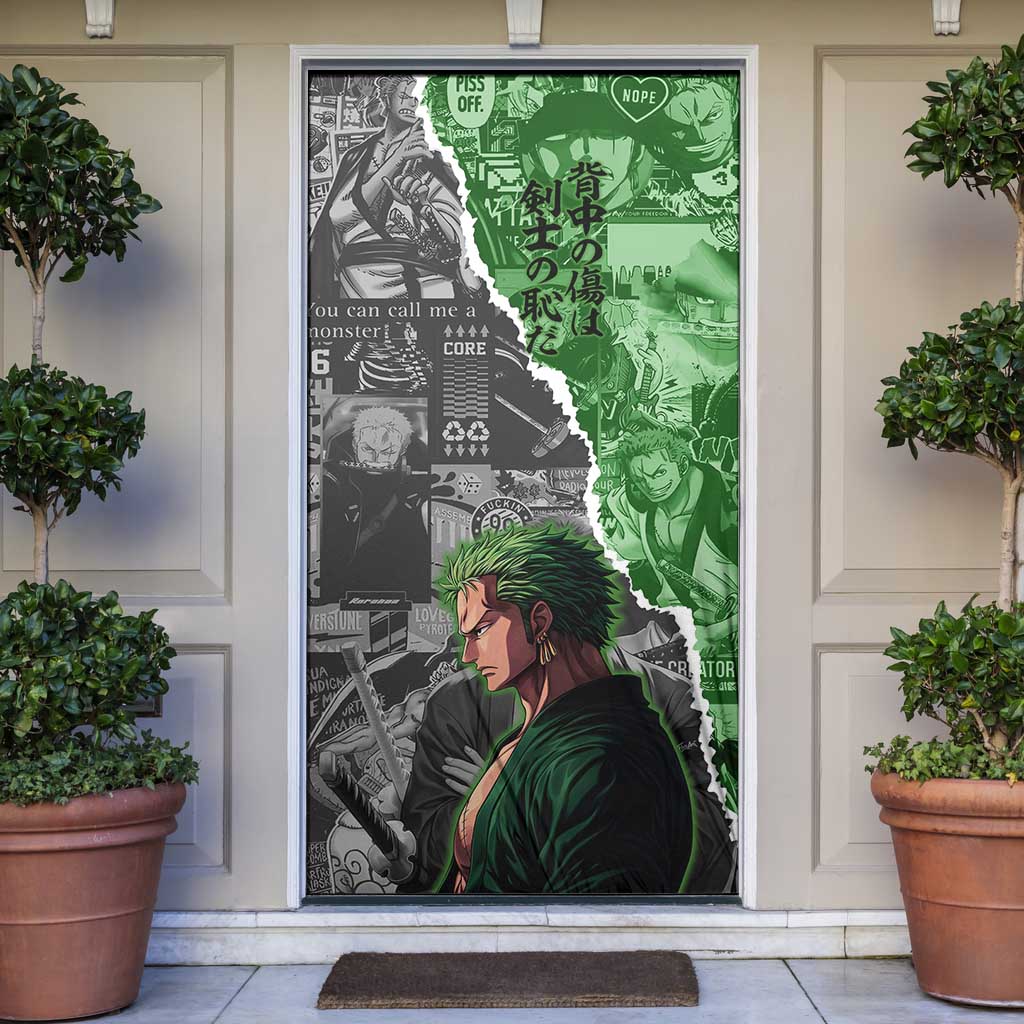 Zoro One Piece Green Theme Door Cover with Manga Collage and Dual Portrait Swordmaster Design - The Mazicc