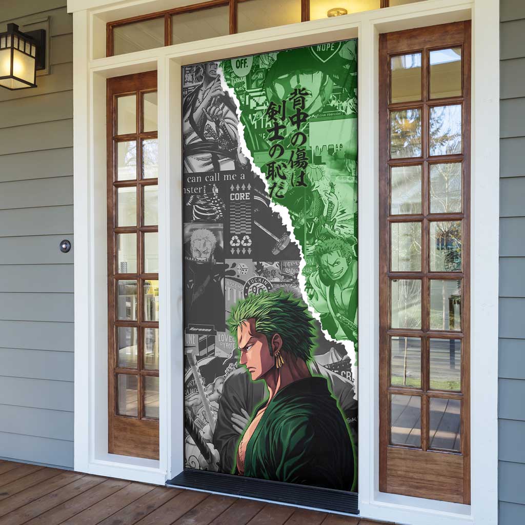 Zoro One Piece Green Theme Door Cover with Manga Collage and Dual Portrait Swordmaster Design - The Mazicc