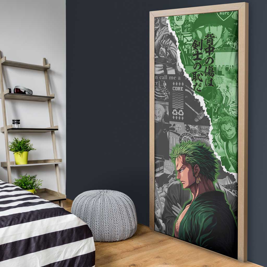 Zoro One Piece Green Theme Door Cover with Manga Collage and Dual Portrait Swordmaster Design - The Mazicc
