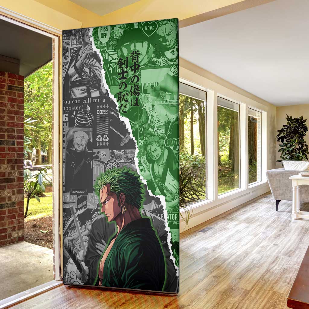 Zoro One Piece Green Theme Door Cover with Manga Collage and Dual Portrait Swordmaster Design - The Mazicc