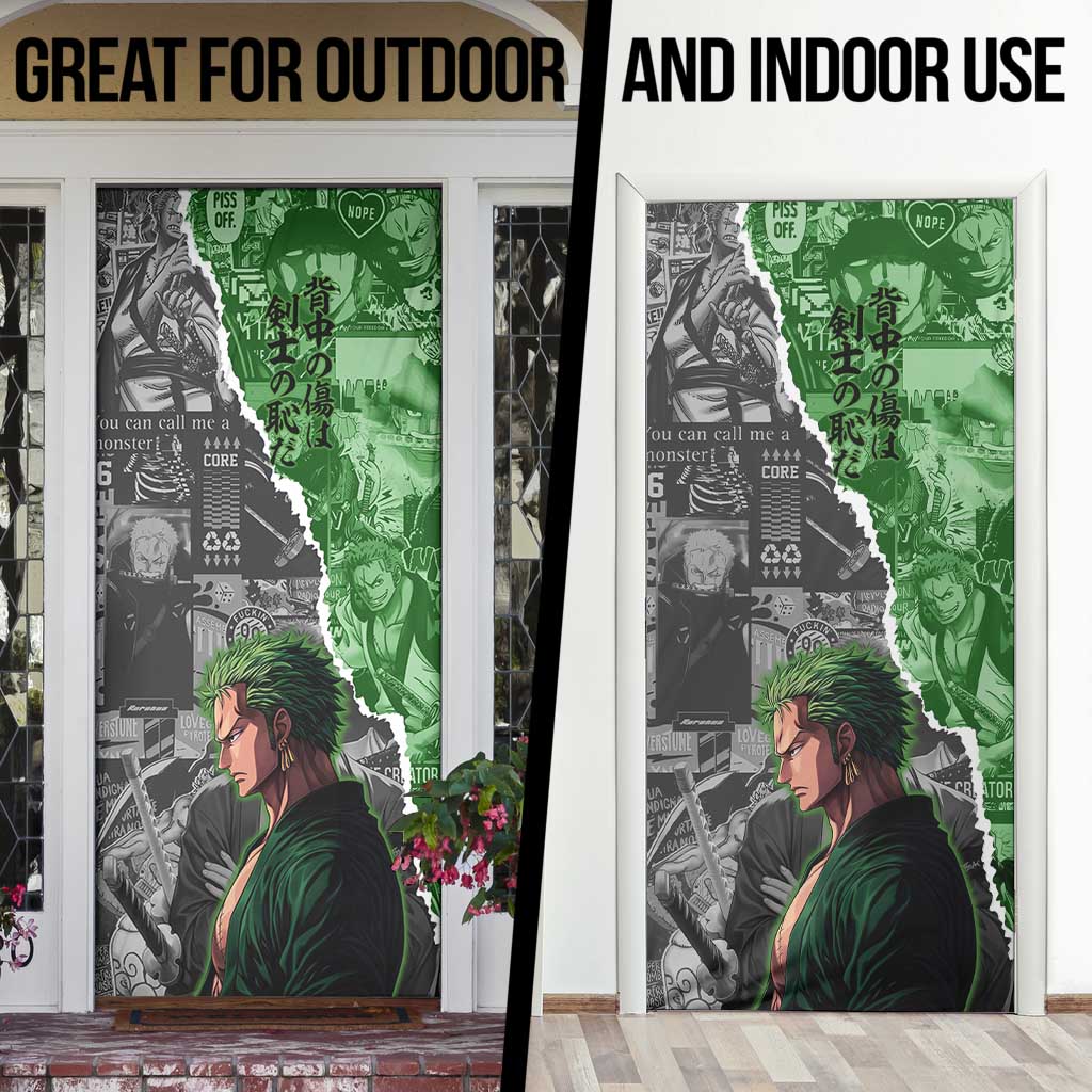 Zoro One Piece Green Theme Door Cover with Manga Collage and Dual Portrait Swordmaster Design - The Mazicc