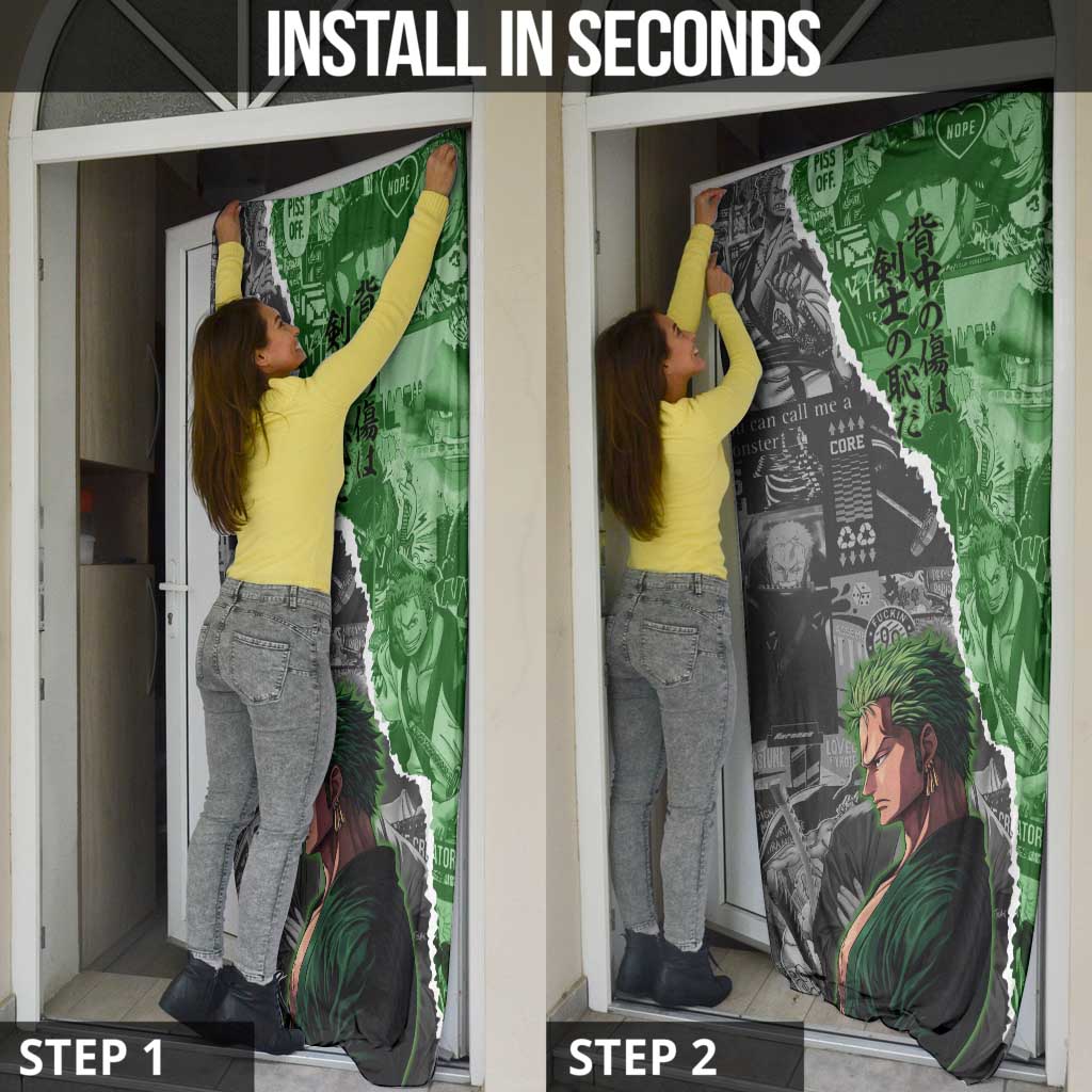 Zoro One Piece Green Theme Door Cover with Manga Collage and Dual Portrait Swordmaster Design - The Mazicc