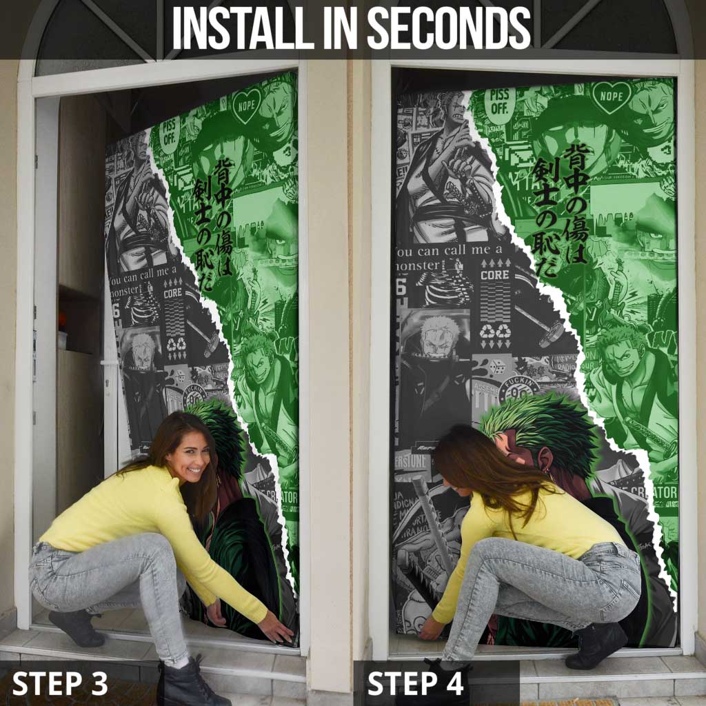 Zoro One Piece Green Theme Door Cover with Manga Collage and Dual Portrait Swordmaster Design - The Mazicc