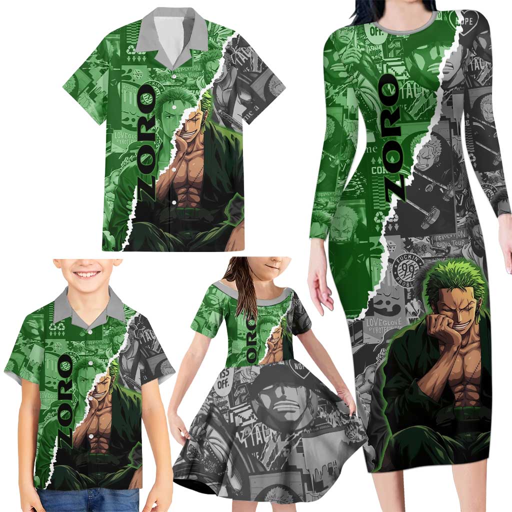Zoro One Piece Green Theme Family Matching Long Sleeve Bodycon Dress and Hawaiian Shirt with Manga Collage and Dual Portrait Swordmaster Design