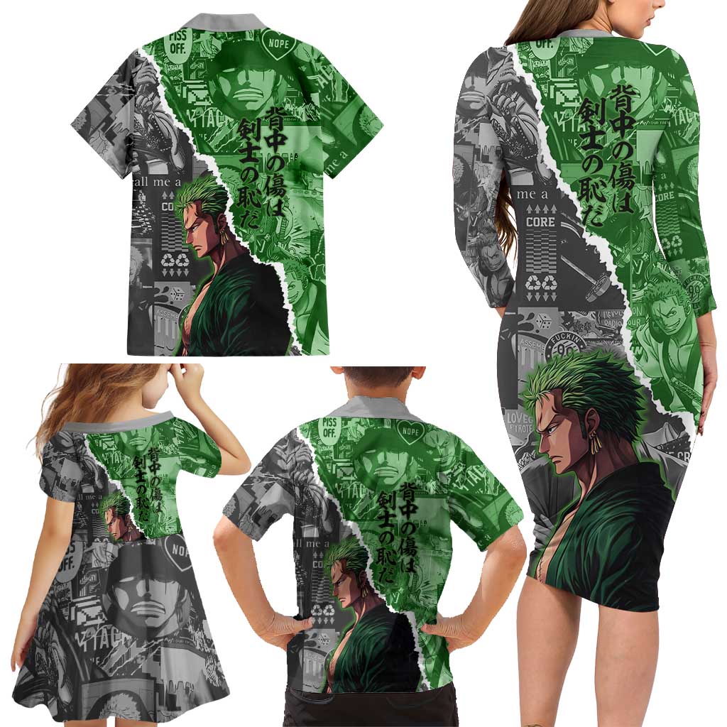 Zoro One Piece Green Theme Family Matching Long Sleeve Bodycon Dress and Hawaiian Shirt with Manga Collage and Dual Portrait Swordmaster Design