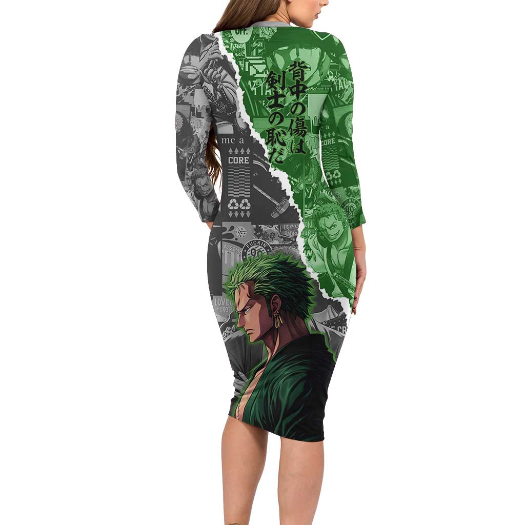Zoro One Piece Green Theme Family Matching Long Sleeve Bodycon Dress and Hawaiian Shirt with Manga Collage and Dual Portrait Swordmaster Design