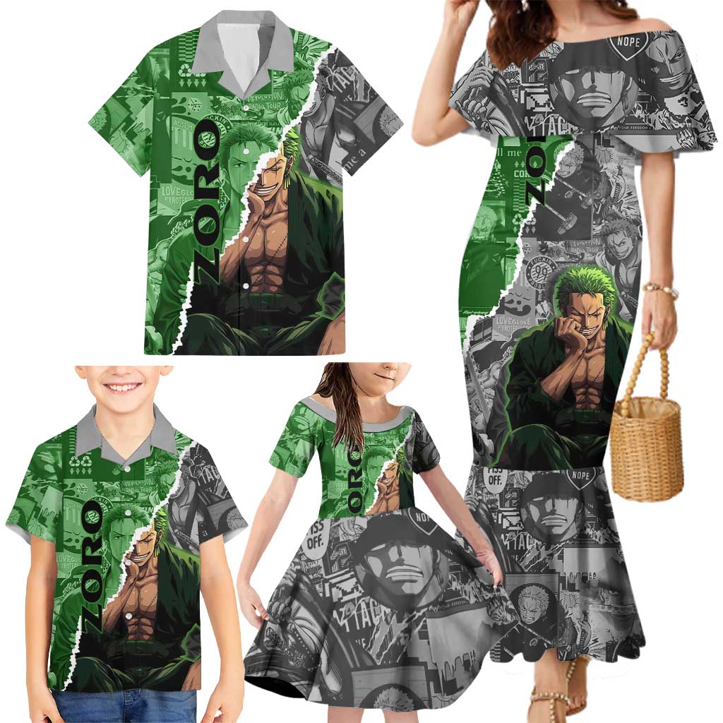 Zoro One Piece Green Theme Family Matching Mermaid Dress and Hawaiian Shirt with Manga Collage and Dual Portrait Swordmaster Design