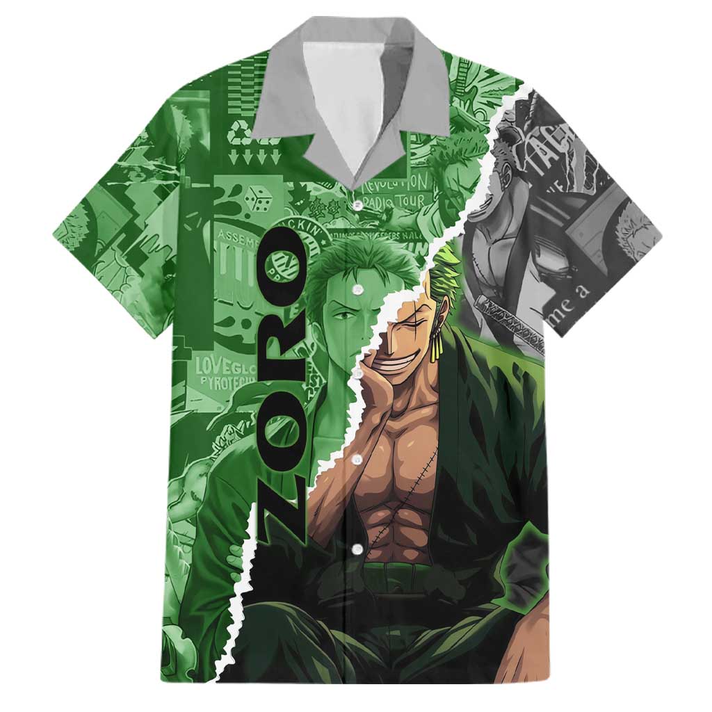 Zoro One Piece Green Theme Family Matching Mermaid Dress and Hawaiian Shirt with Manga Collage and Dual Portrait Swordmaster Design