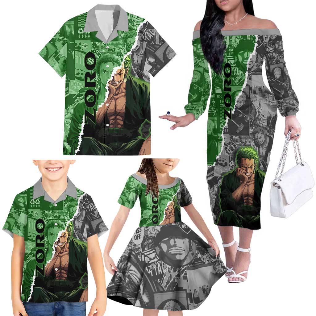 Zoro One Piece Green Theme Family Matching Off The Shoulder Long Sleeve Dress and Hawaiian Shirt with Manga Collage and Dual Portrait Swordmaster Design