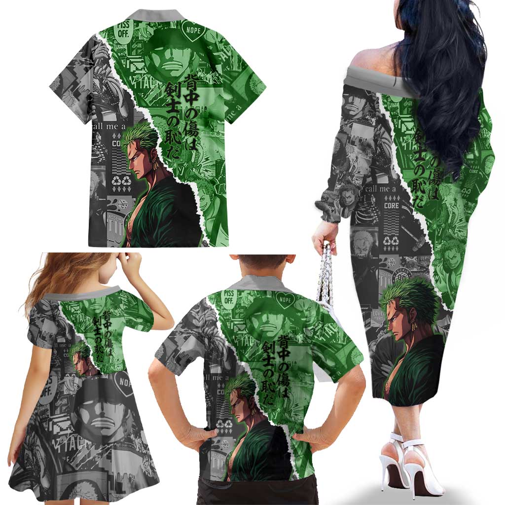 Zoro One Piece Green Theme Family Matching Off The Shoulder Long Sleeve Dress and Hawaiian Shirt with Manga Collage and Dual Portrait Swordmaster Design