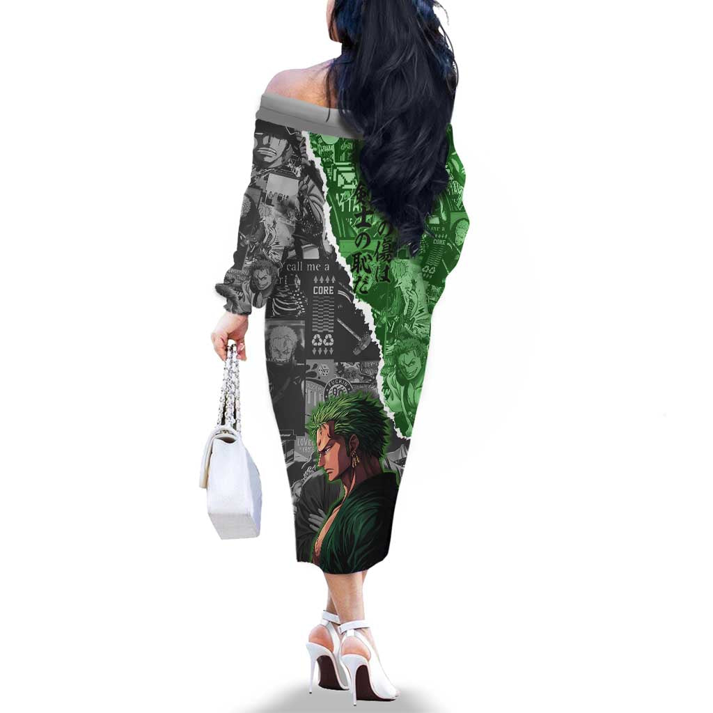Zoro One Piece Green Theme Family Matching Off The Shoulder Long Sleeve Dress and Hawaiian Shirt with Manga Collage and Dual Portrait Swordmaster Design