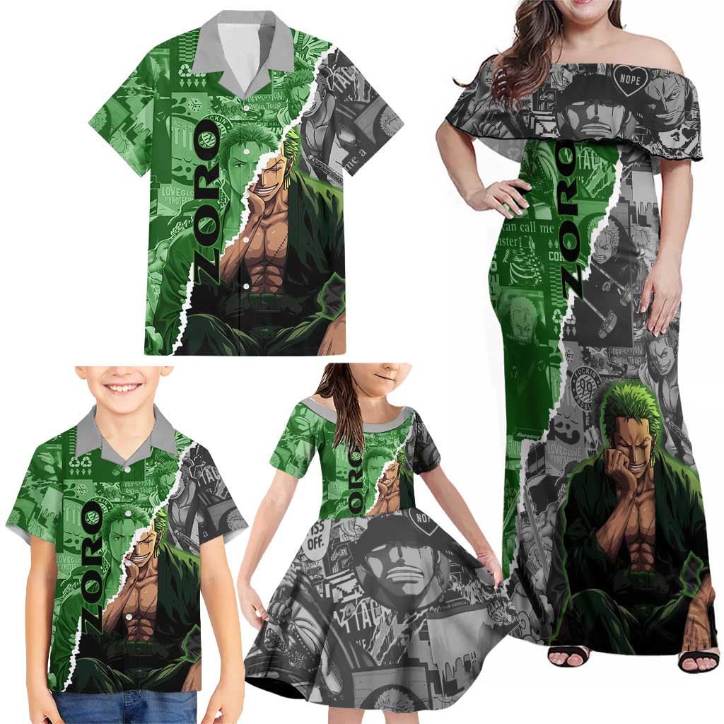 Zoro One Piece Green Theme Family Matching Off Shoulder Maxi Dress and Hawaiian Shirt with Manga Collage and Dual Portrait Swordmaster Design