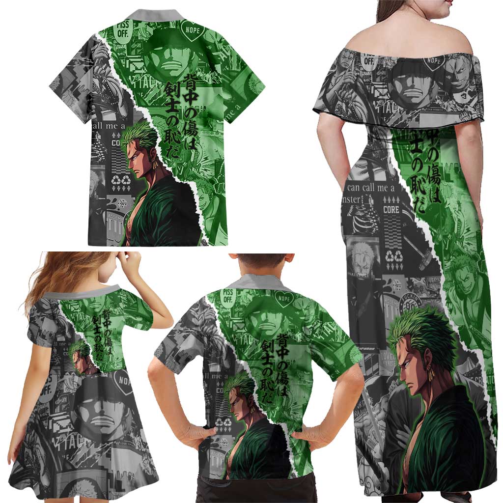 Zoro One Piece Green Theme Family Matching Off Shoulder Maxi Dress and Hawaiian Shirt with Manga Collage and Dual Portrait Swordmaster Design