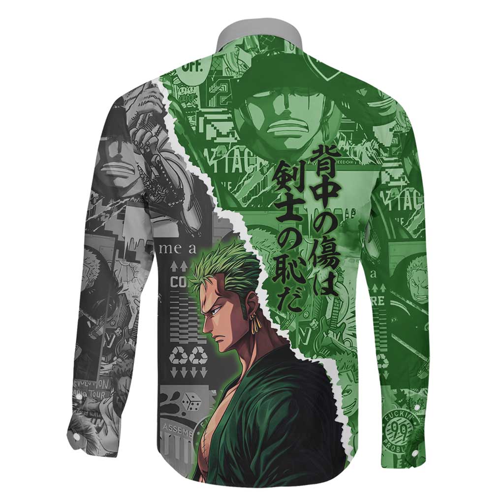 Zoro One Piece Green Theme Family Matching Off Shoulder Maxi Dress and Hawaiian Shirt with Manga Collage and Dual Portrait Swordmaster Design