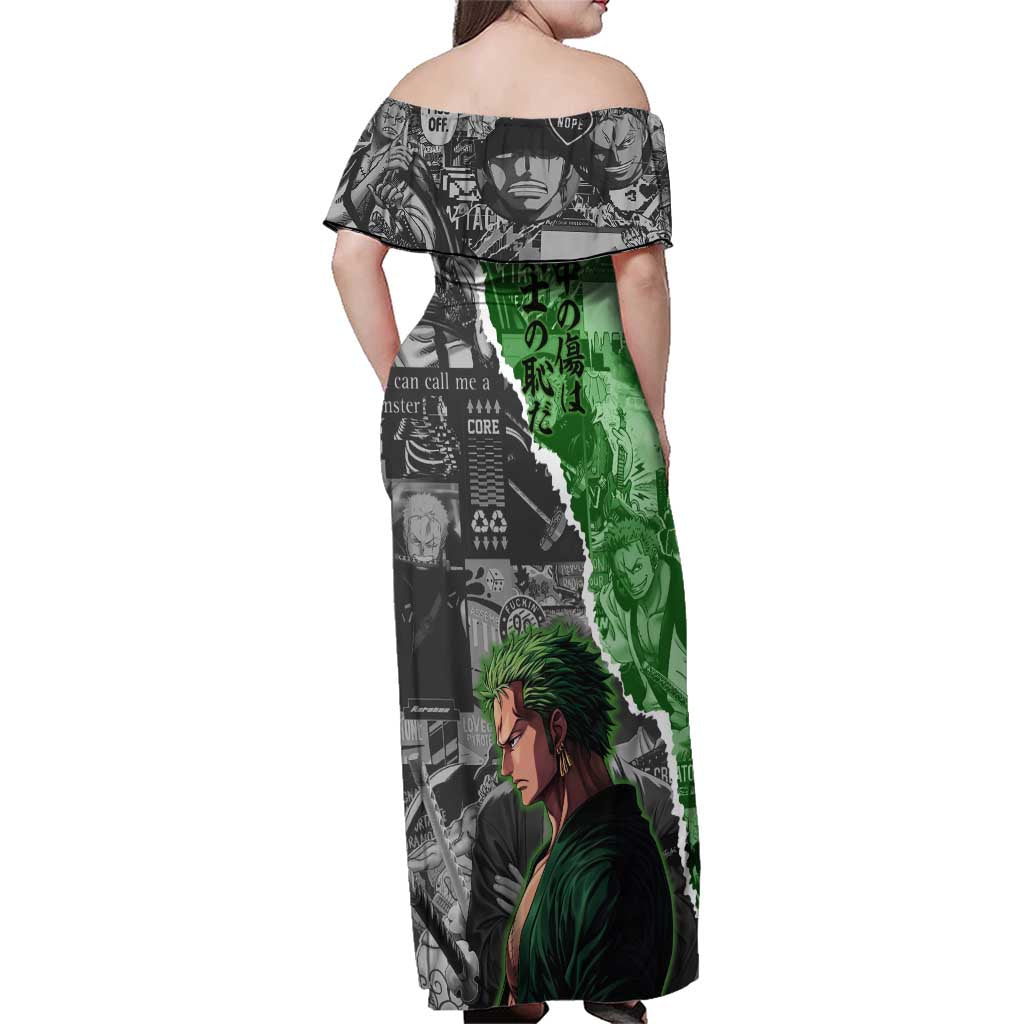 Zoro One Piece Green Theme Family Matching Off Shoulder Maxi Dress and Hawaiian Shirt with Manga Collage and Dual Portrait Swordmaster Design
