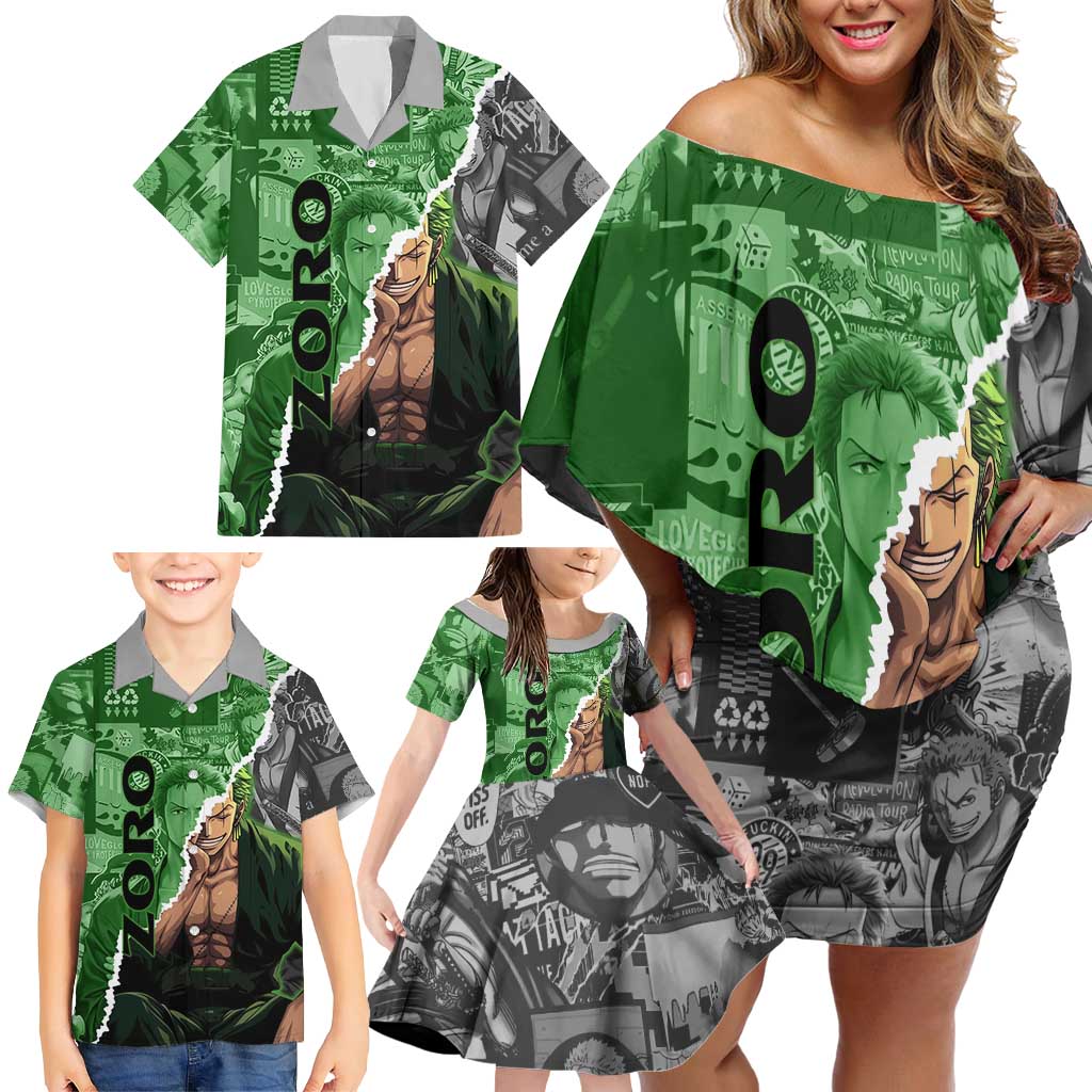 Zoro One Piece Green Theme Family Matching Off Shoulder Short Dress and Hawaiian Shirt with Manga Collage and Dual Portrait Swordmaster Design