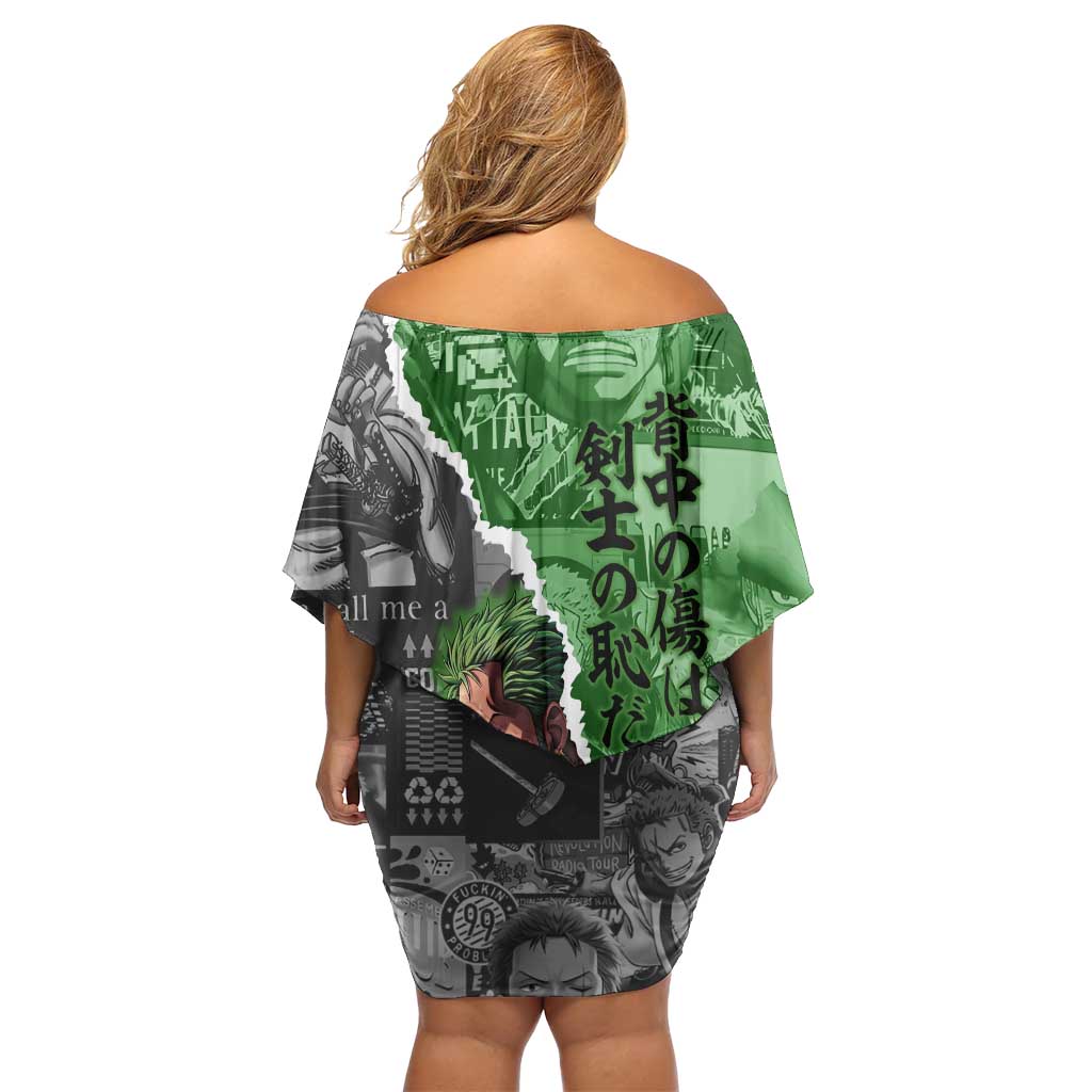 Zoro One Piece Green Theme Family Matching Off Shoulder Short Dress and Hawaiian Shirt with Manga Collage and Dual Portrait Swordmaster Design