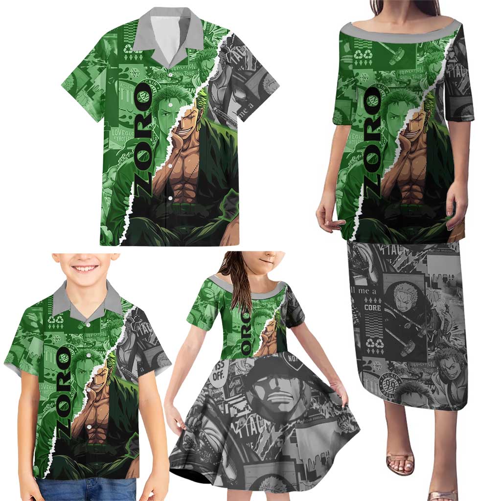 Zoro One Piece Green Theme Family Matching Puletasi and Hawaiian Shirt with Manga Collage and Dual Portrait Swordmaster Design