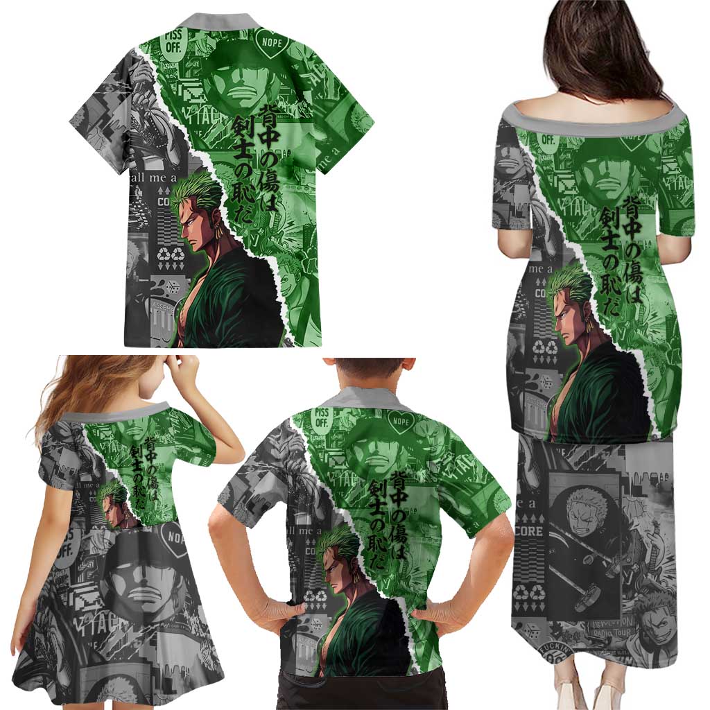 Zoro One Piece Green Theme Family Matching Puletasi and Hawaiian Shirt with Manga Collage and Dual Portrait Swordmaster Design