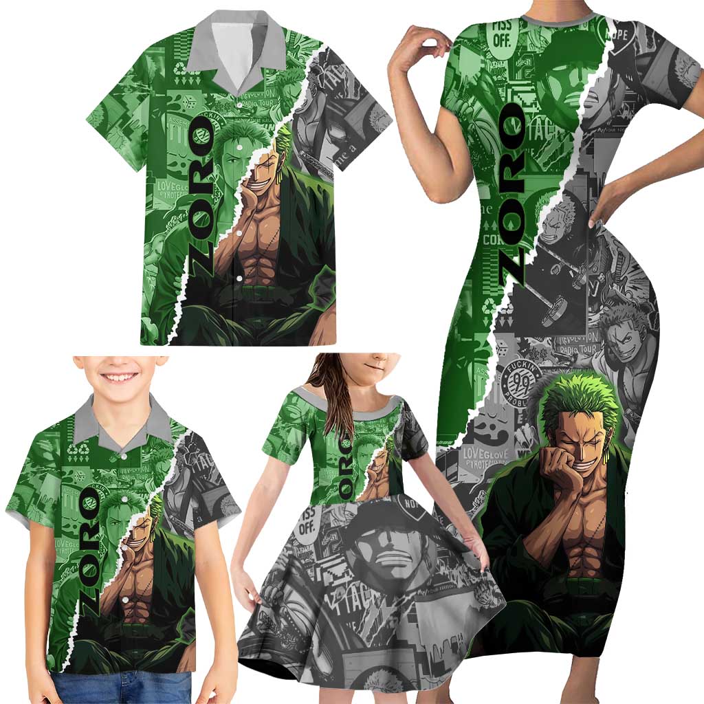 Zoro One Piece Green Theme Family Matching Short Sleeve Bodycon Dress and Hawaiian Shirt with Manga Collage and Dual Portrait Swordmaster Design