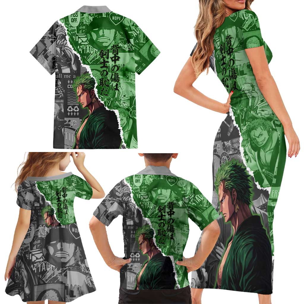 Zoro One Piece Green Theme Family Matching Short Sleeve Bodycon Dress and Hawaiian Shirt with Manga Collage and Dual Portrait Swordmaster Design