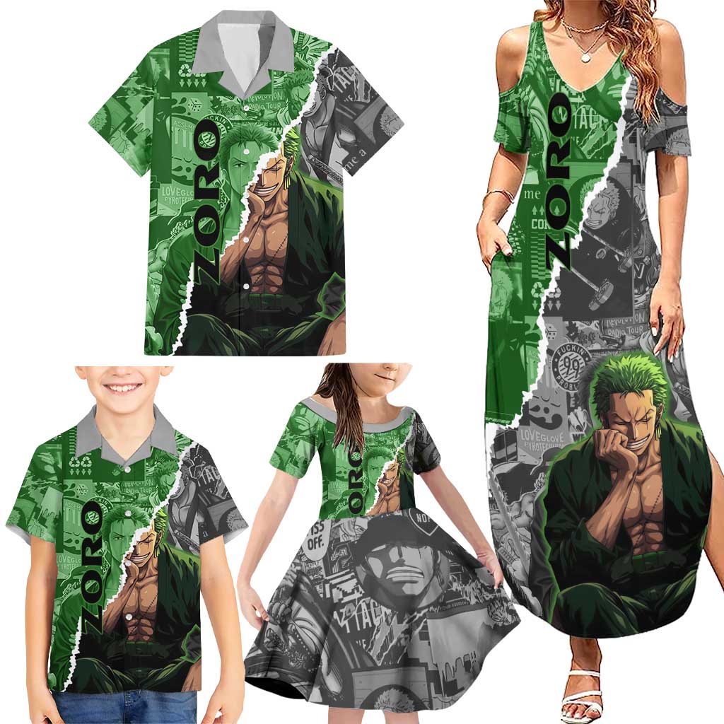 Zoro One Piece Green Theme Family Matching Summer Maxi Dress and Hawaiian Shirt with Manga Collage and Dual Portrait Swordmaster Design
