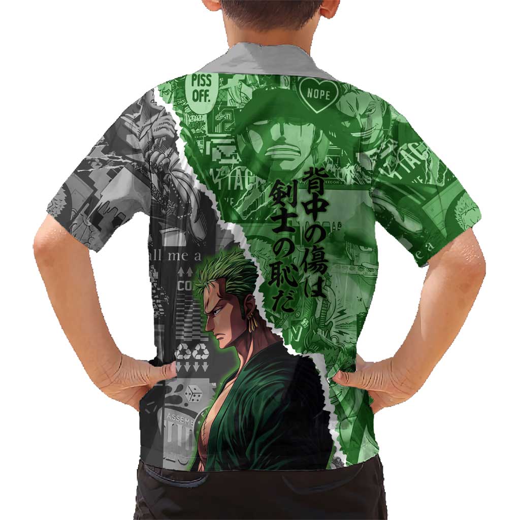 Zoro One Piece Green Theme Family Matching Summer Maxi Dress and Hawaiian Shirt with Manga Collage and Dual Portrait Swordmaster Design