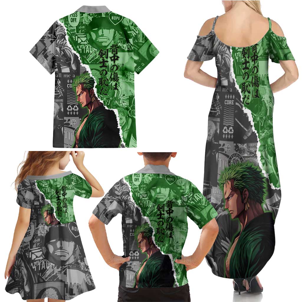 Zoro One Piece Green Theme Family Matching Summer Maxi Dress and Hawaiian Shirt with Manga Collage and Dual Portrait Swordmaster Design