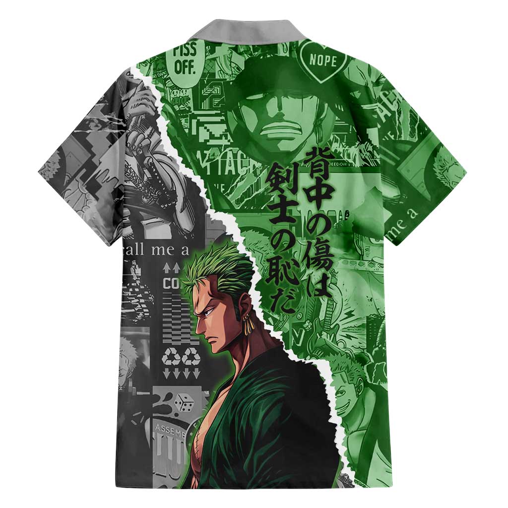 Zoro One Piece Green Theme Family Matching Summer Maxi Dress and Hawaiian Shirt with Manga Collage and Dual Portrait Swordmaster Design