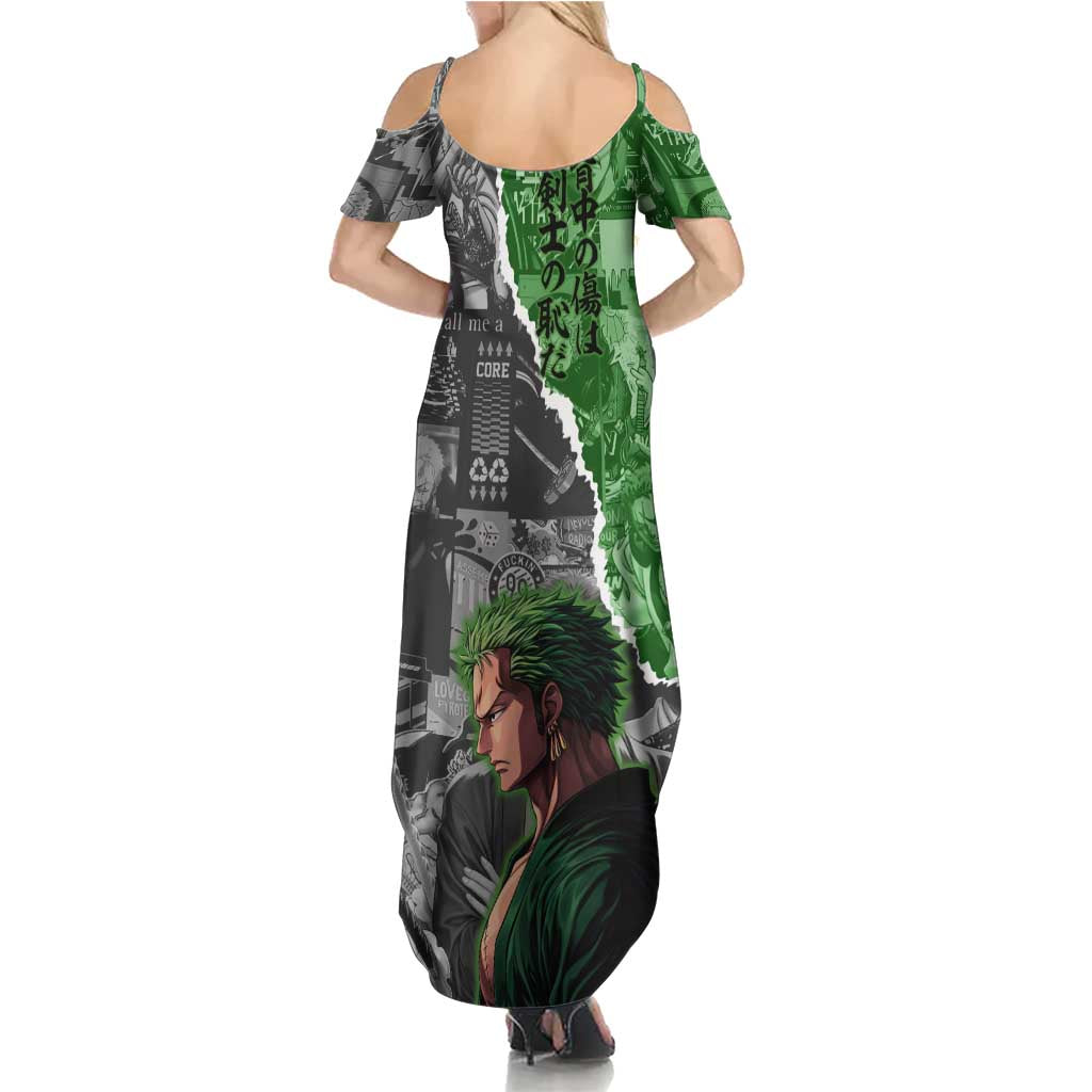 Zoro One Piece Green Theme Family Matching Summer Maxi Dress and Hawaiian Shirt with Manga Collage and Dual Portrait Swordmaster Design