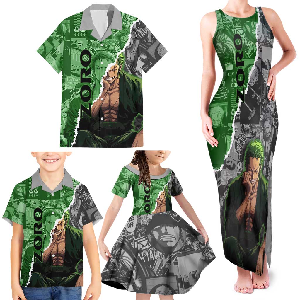 Zoro One Piece Green Theme Family Matching Tank Maxi Dress and Hawaiian Shirt with Manga Collage and Dual Portrait Swordmaster Design