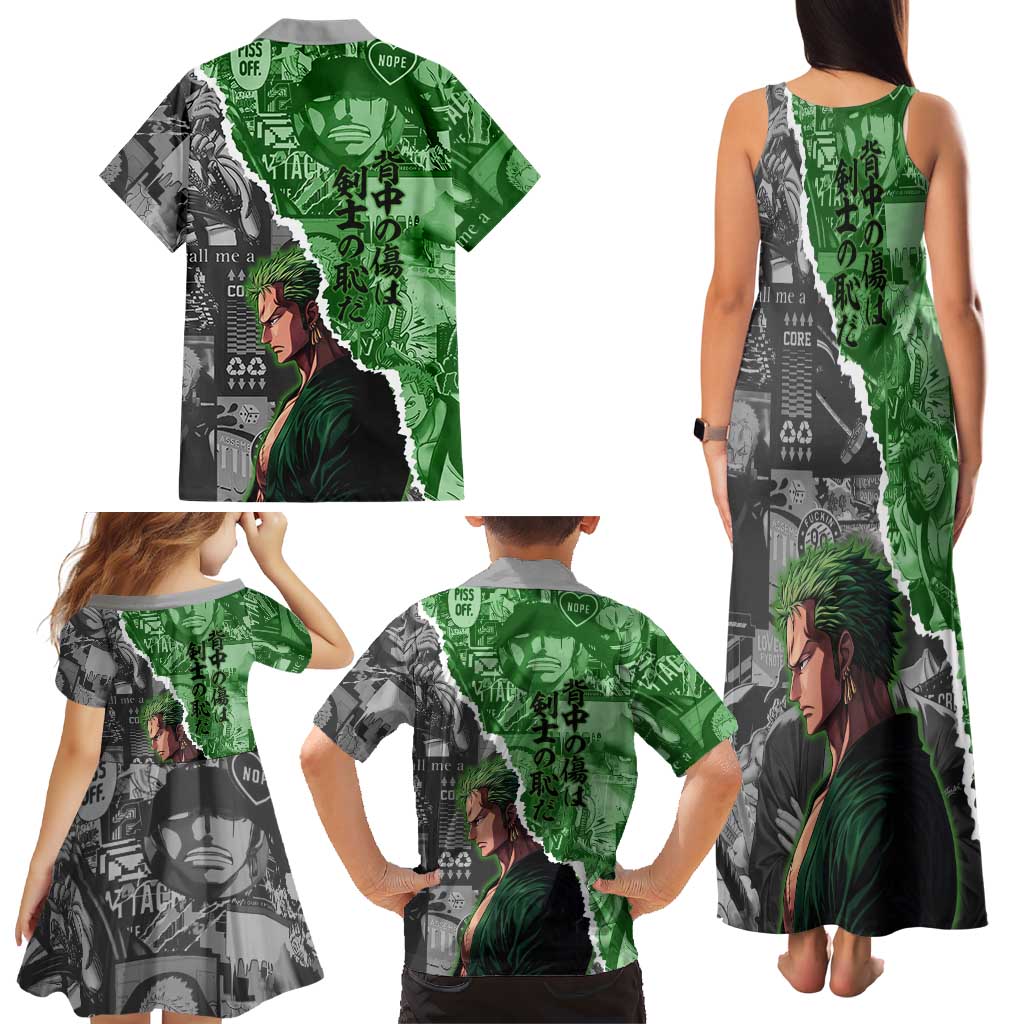 Zoro One Piece Green Theme Family Matching Tank Maxi Dress and Hawaiian Shirt with Manga Collage and Dual Portrait Swordmaster Design