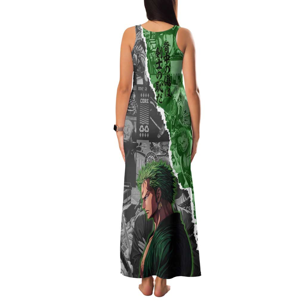 Zoro One Piece Green Theme Family Matching Tank Maxi Dress and Hawaiian Shirt with Manga Collage and Dual Portrait Swordmaster Design