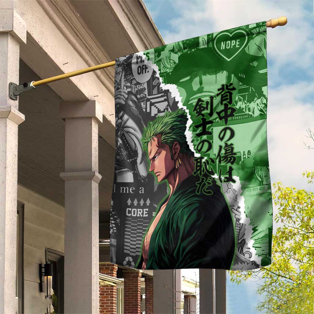 Zoro One Piece Green Theme Garden Flag with Manga Collage and Dual Portrait Swordmaster Design - The Mazicc